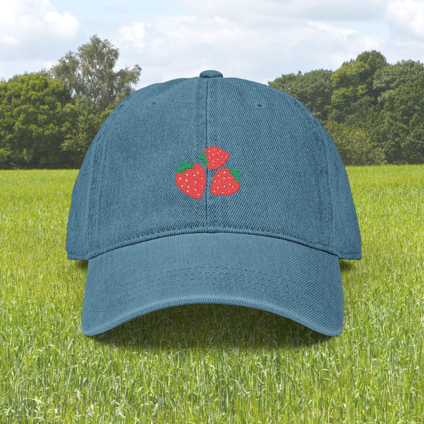 Vintage Denim Baseball Cap Strawberry Embroidery Design Cute Casual Hat Everyday Fashion Accessory Retro Wash Finish Adjustable Fit Comfortable Wear Playful Fruit Theme Perfect Gift Idea Summer Style Essential Trendy Streetwear Cap Women