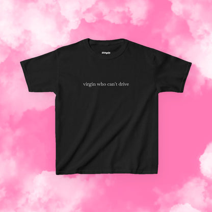 Shirtgeist Virgin Who Can't Drive Baby Tee — detail shot
