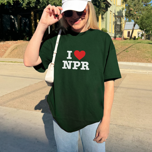 Shirtgeist I ❤️ NPR Shirt — front view on model