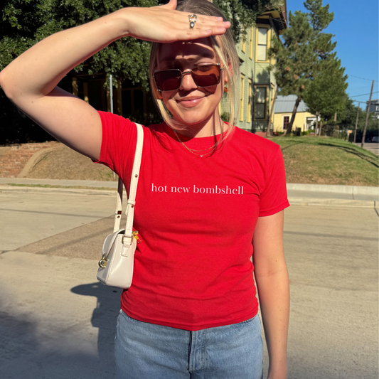 Shirtgeist Hot New Bombshell Baby Tee — front view on model