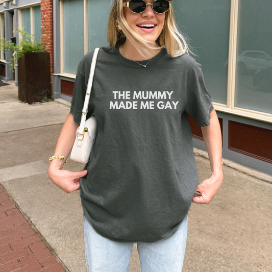 Shirtgeist The Mummy Made Me Gay Shirt — front view on model