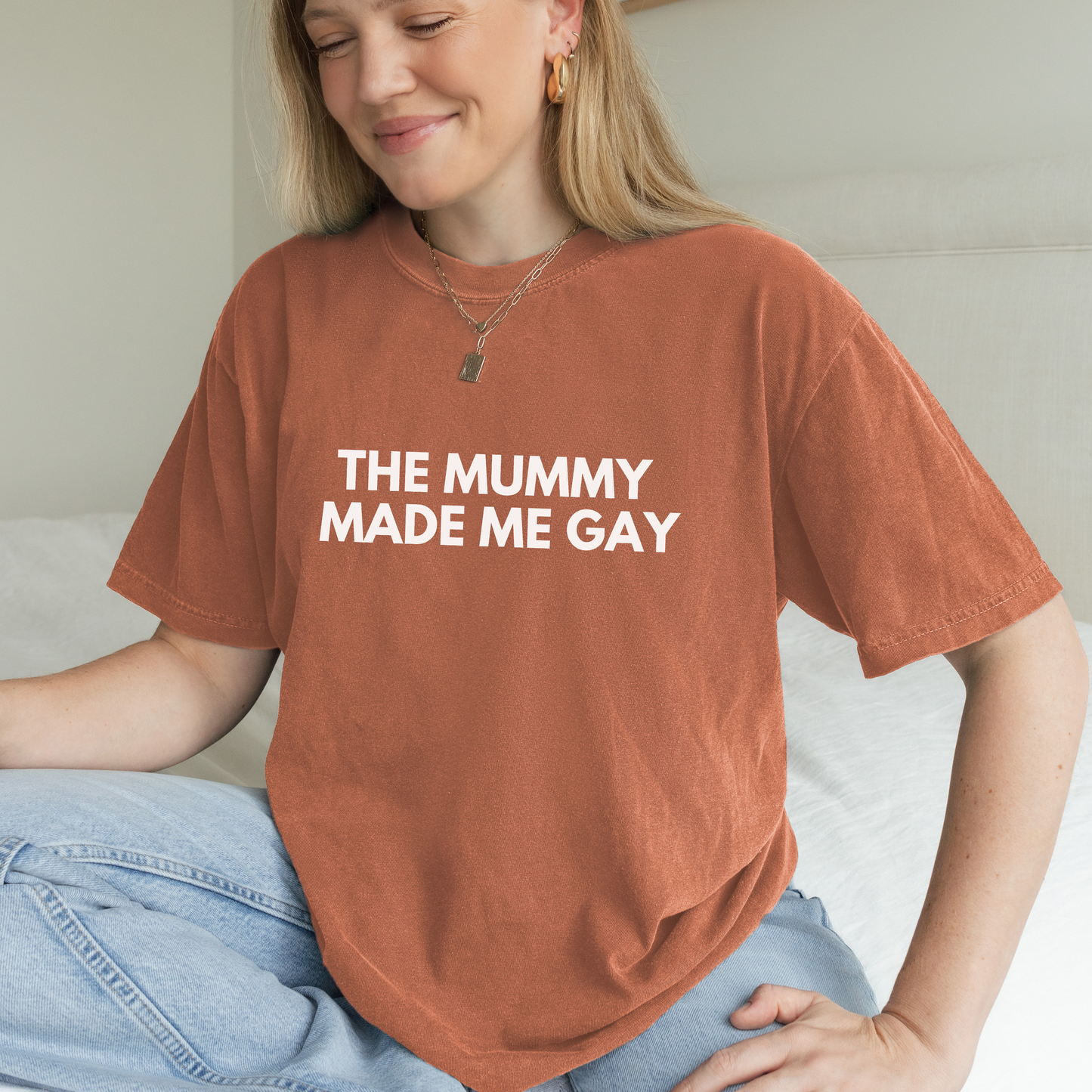 Shirtgeist The Mummy Made Me Gay Shirt — flat lay