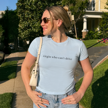 Shirtgeist Virgin Who Can't Drive Baby Tee — front view on model