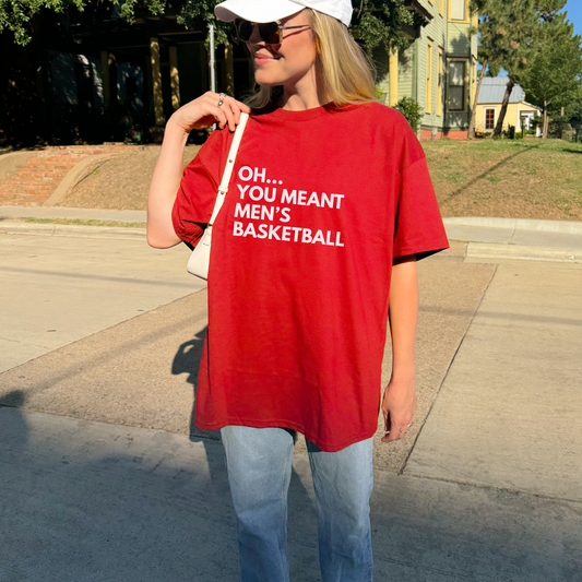 Shirtgeist Oh You Meant Men's Basketball Bold Shirt — front view on model