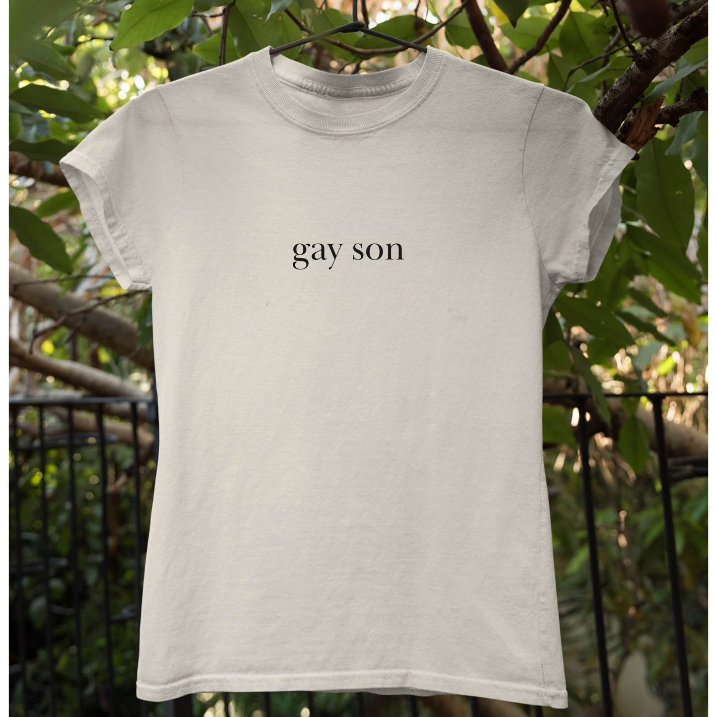 Shirtgeist Gay Son Baby Tee — flat lay