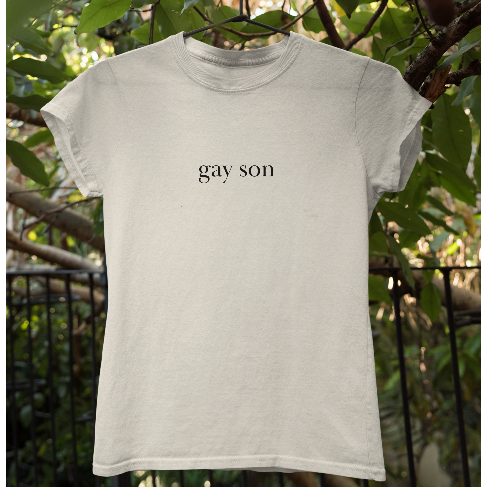 Shirtgeist Gay Son Baby Tee — flat lay