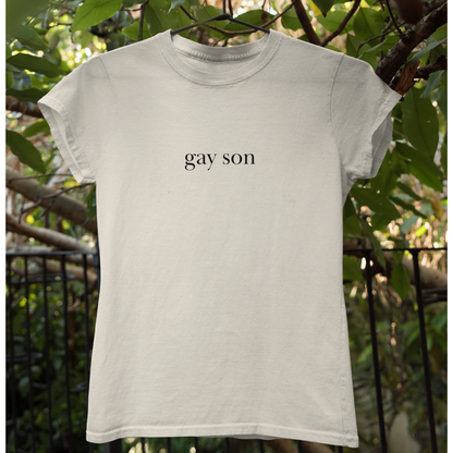 Shirtgeist Gay Son Baby Tee — flat lay