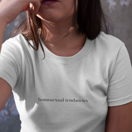 Shirtgeist Homosexual Tendencies Shirt — front view on model