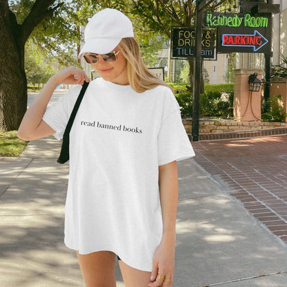 Shirtgeist Read Banned Books Shirt — front view on model