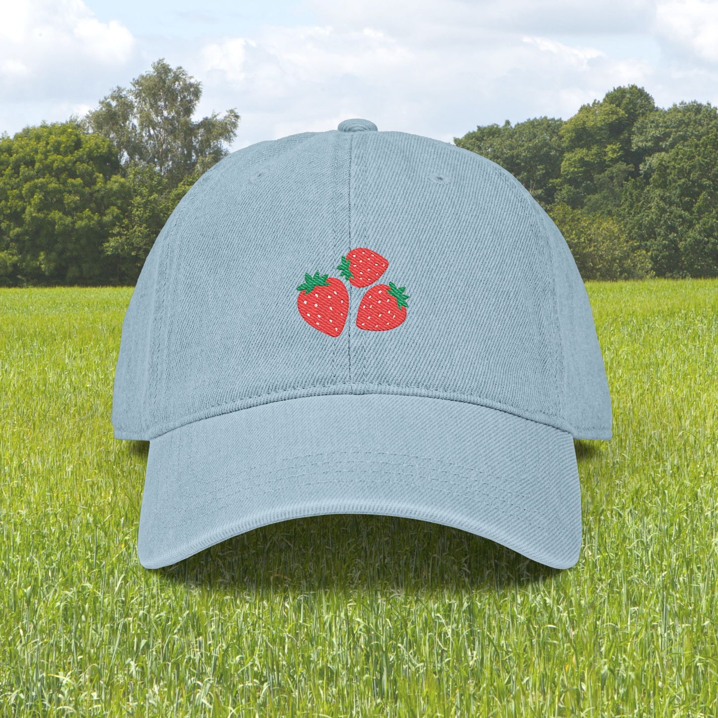 Strawberry Embroidered Baseball Cap Cute Denim Hat Vintage Wash Design Playful Fruit Motif Casual Everyday Accessory Adjustable Fit Comfortable Wear Perfect Summer Fashion Gift Birthday Present Trendy Streetwear Style Statement Piece